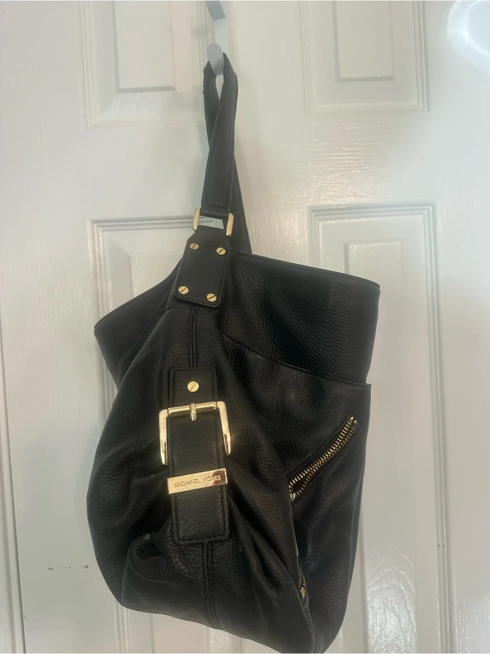 Michael Kors Black Pebbled Leather Hobo Shoulder Bag with Gold Hardware